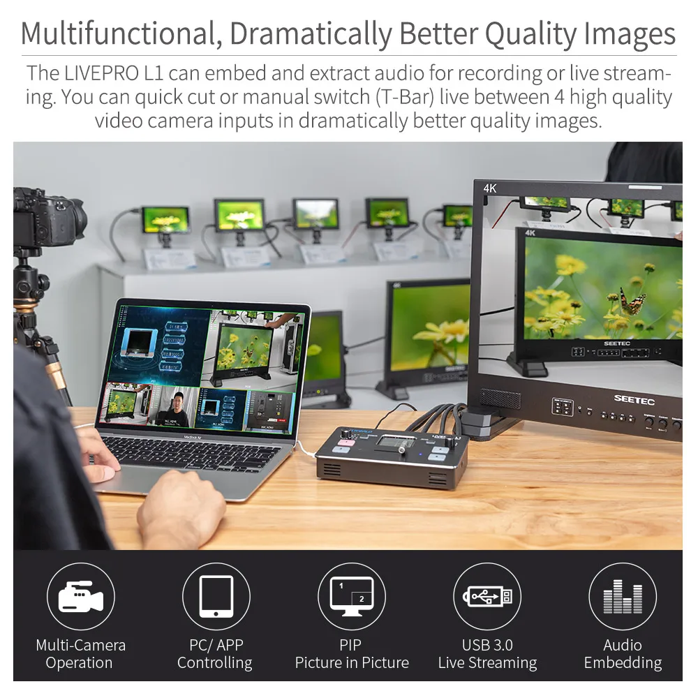 Мультикамера FEELWORLD LIVEPRO L1 с 4 входами HD производство USB3.0 многоформатный смеситель для видео переключатель прямой трансляции