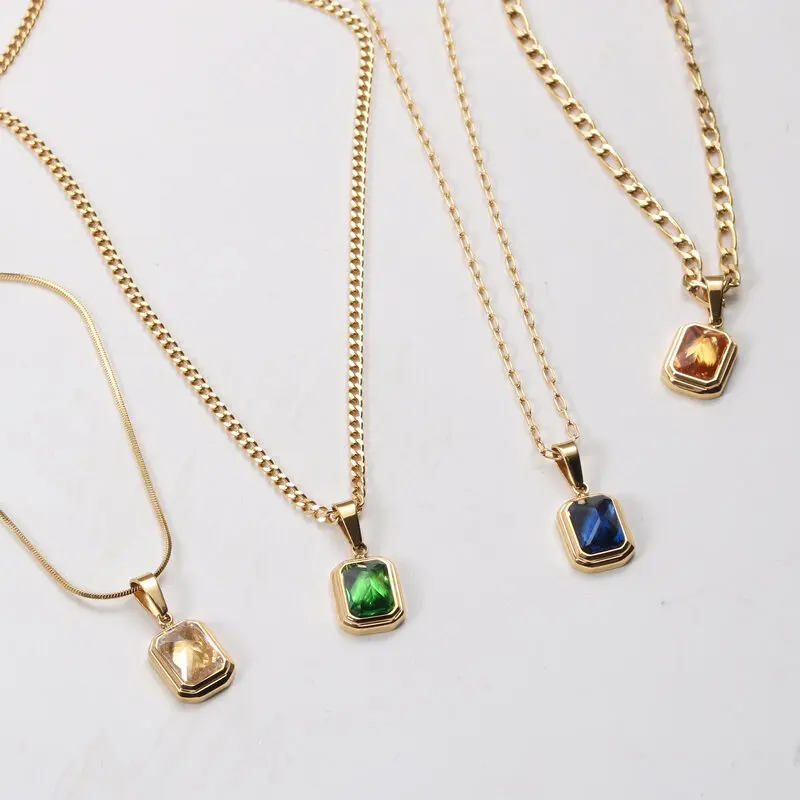 Hip-hop Natural Ruby Stone Gem Stainless Steel Cuban Thick Snake Long Chain Necklace Pendant 18k Gold Plated Jewelry For Women