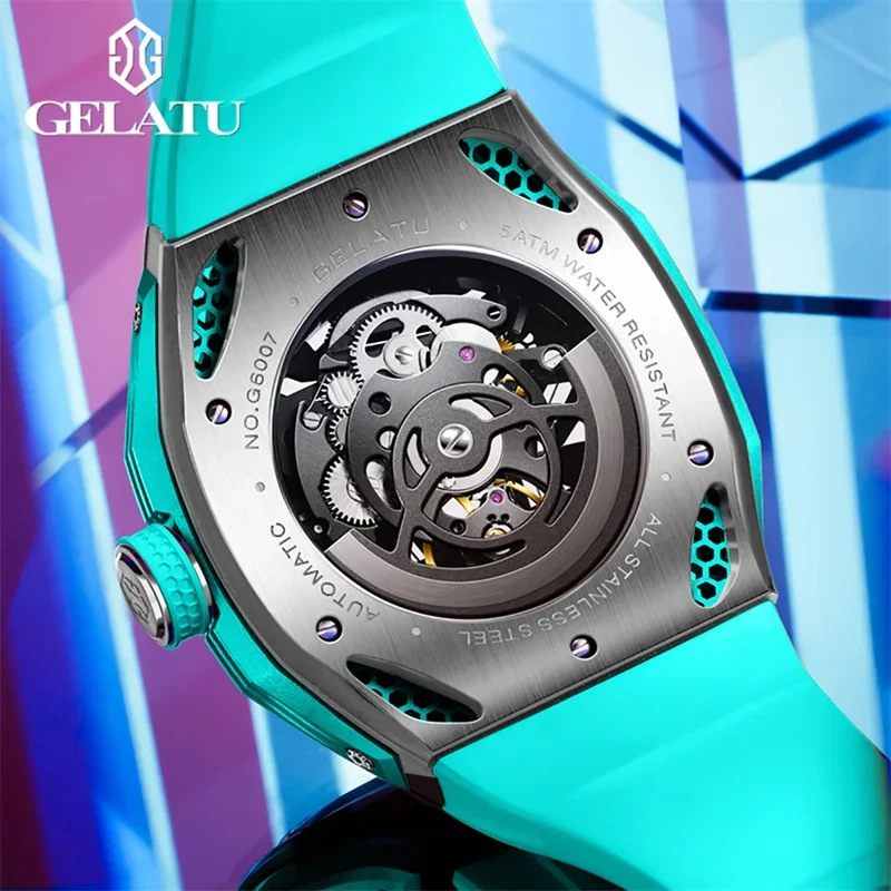 GELATU 6007 2024 Automatic Mechanical Watch for Men 53mm Big Dial Wristwatch Skeleton Tourbillon Man Waterproof Watch Reloj