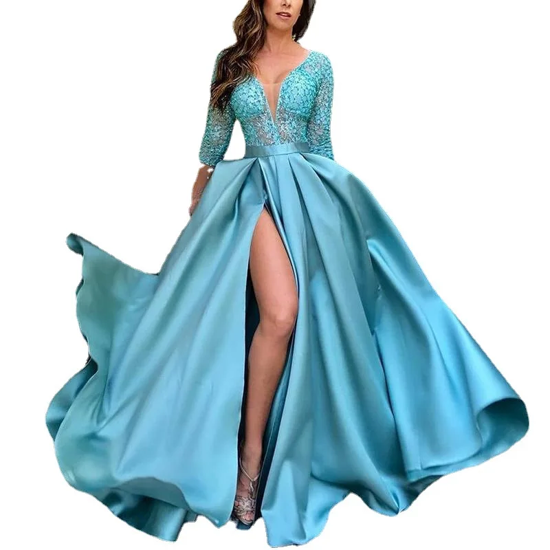 Sexy Maxi Thigh Split Dress Cheap V Neck Party Gown Prom Evening Gowns Long Sleeve Colorful Dress for Wedding Party