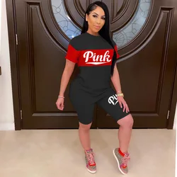 Fashion Pink Letter Printing Suit Short Sleeve T-shirt Leggings Women Two piece Shorts Set 2 piece set women