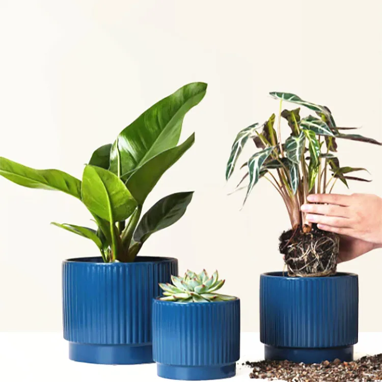 Northern europe home decoration dark blue stripes garden ceramic flower pots