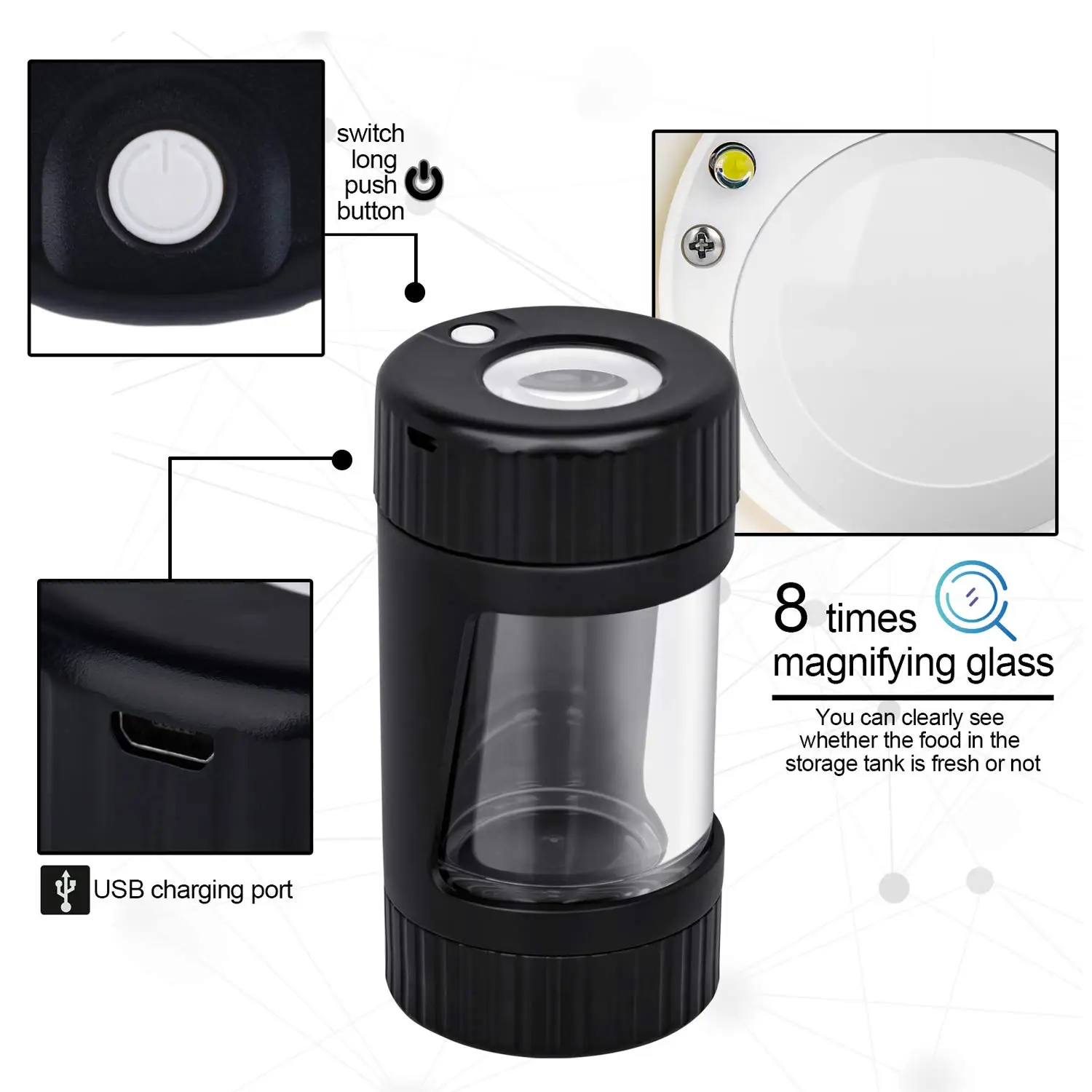 glow in the dark 4 in 1 herb grinder Glass Jar Led Plastic Bottle Stash Magnifier plastic grinder jar