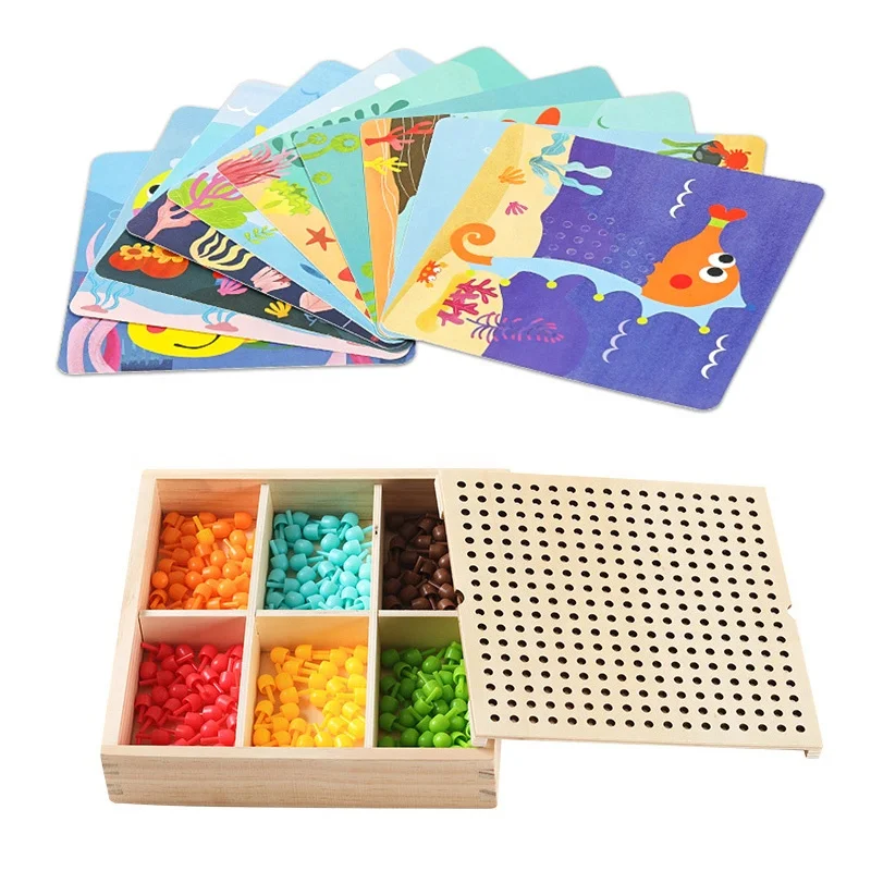 Kid Wooden Storage Box DIY Mosaic Peg Board Jigsaw Early Learning Toy Games 3D Mushroom Puzzles Set Nail Intelligent Puzzle Aids