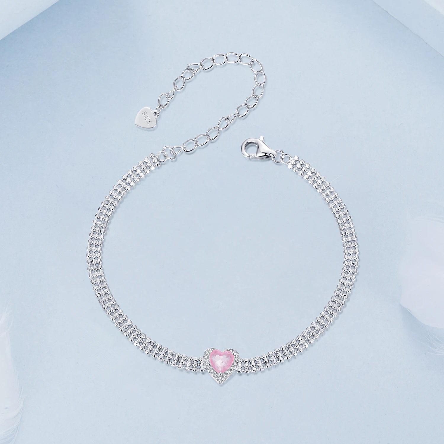 Simple ice flower pink bracelet  sweet and girly heart-shaped zircon 925 sterling silver bracelet