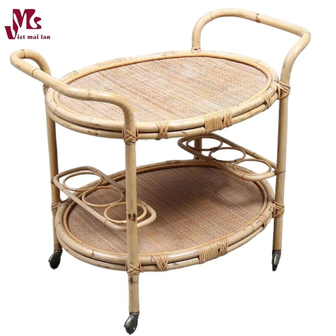 Modern Outdoor Dining Tables with Natural Rattan Trolley Lift Serving Tray Wine Cart Wood Bar Cart for Hotels and Restaurants