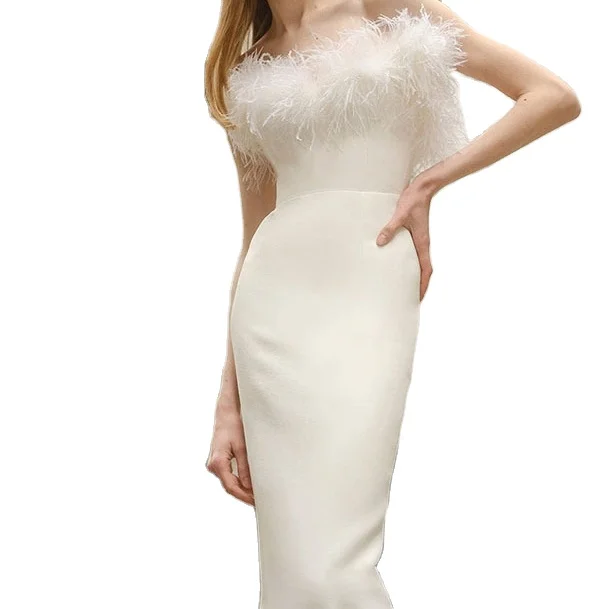 New ostrich fur deep V sexy tight fashion white street dress