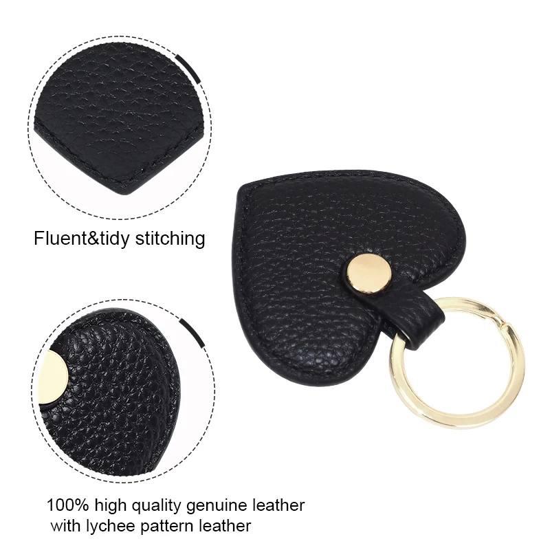 Good Quality Women Leather Keychain Heart Shape Genuine Leather Keychain Ring Car Key Holder (Black)