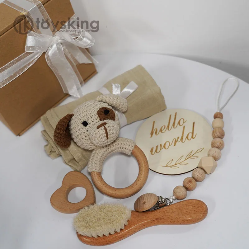 Infant Bath Cotton Muslin towel Customized Newborn Baby Wood Silicone Shower Gift Set 100% Handmade Crochet Puppy Dog Rattle