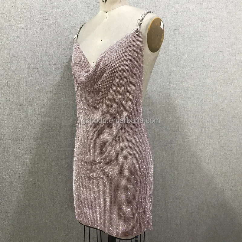 Zipper Sexy Party Crystal Mesh Dress Rhinestone Dress