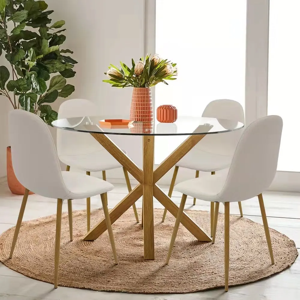 Factory Price Modern Stylish Clear Glass Cross Wood Base Dining Table Home Furniture Round Dining Table