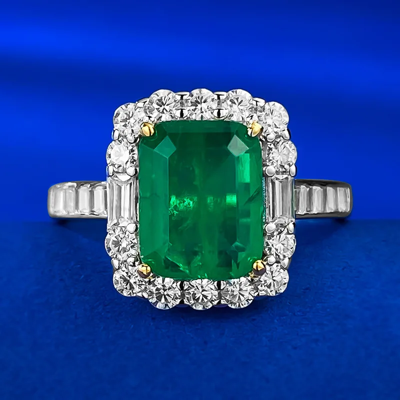 New S925 Silver 5A Zircon Emerald 2 Carat Set with Full Diamond Ring for Women 7 * 9 European and American Jewelry Women