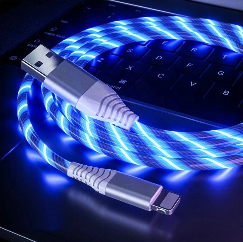 Trend 2021 Original LED Flowing Night Quick Charging Cable 1M Micro LED Glittering Metal USB Data Cell Phone Transfer Cable