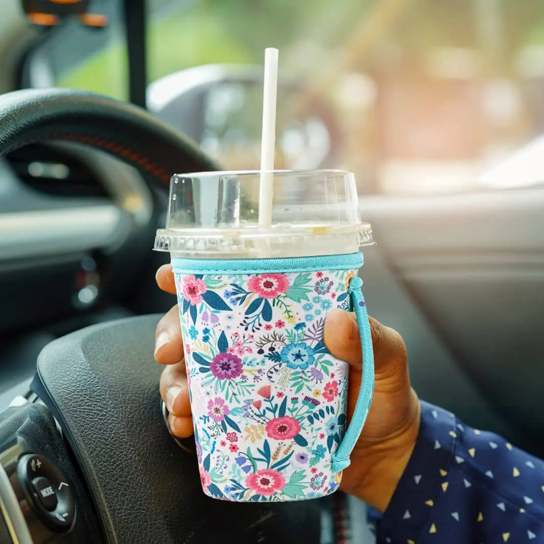 Wholesale Sublimation Silk Printing  Coffee Drinks Neoprene Coozies 3Size Reusable Neoprene Iced Coffee Cup Sleeve With Handle