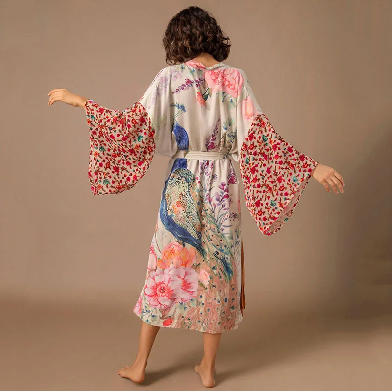 Custom beach dress cover ups for women Peacock pattern print robe de plage summer Sexy loose cardigan kimono bikinis swimwear