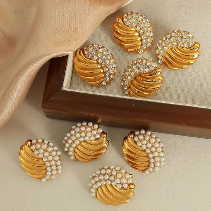 Fashion Thick Zircon Round Hoop Earrings for Women Stainless Steel pearl Round Circle Earring Female Fashion Party Jewelry Gift