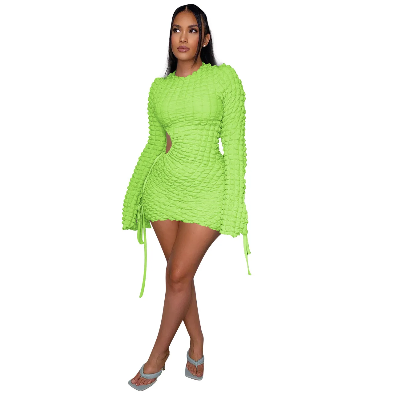 Hot selling Fashionable drawstring elastic bubble pattern hollow puffer long sleeve sexy mini dress women party bodycon dress