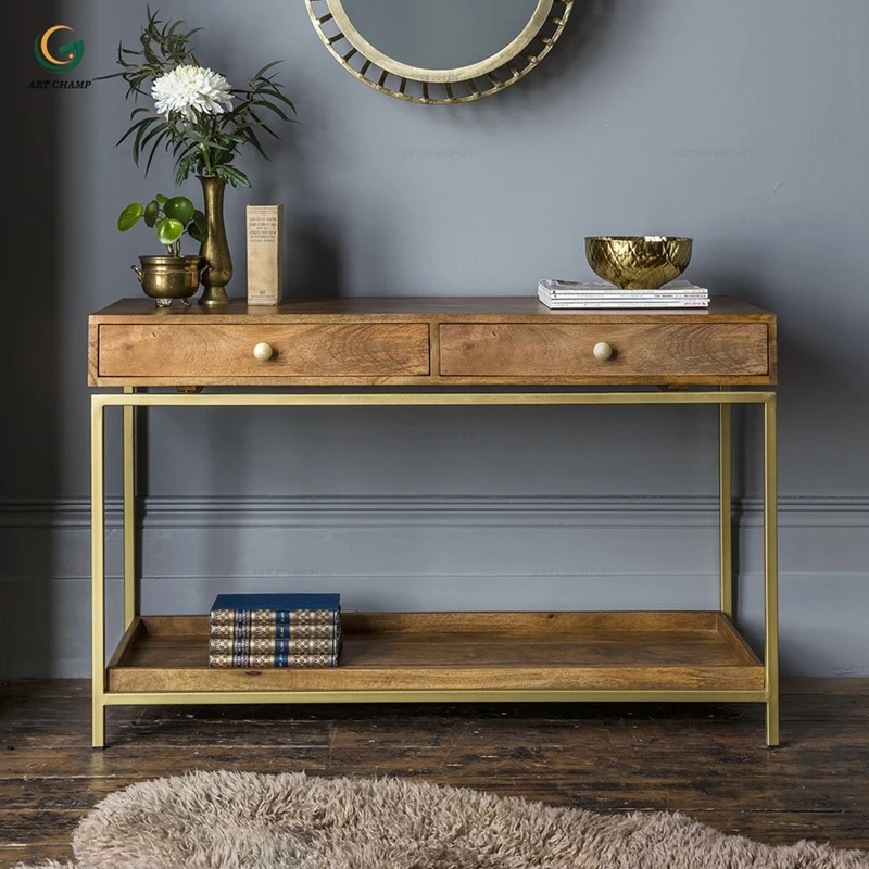 Деревянный поднос, золотая металлическая ножка, консоль для гостиной, мебель для стола с полкой