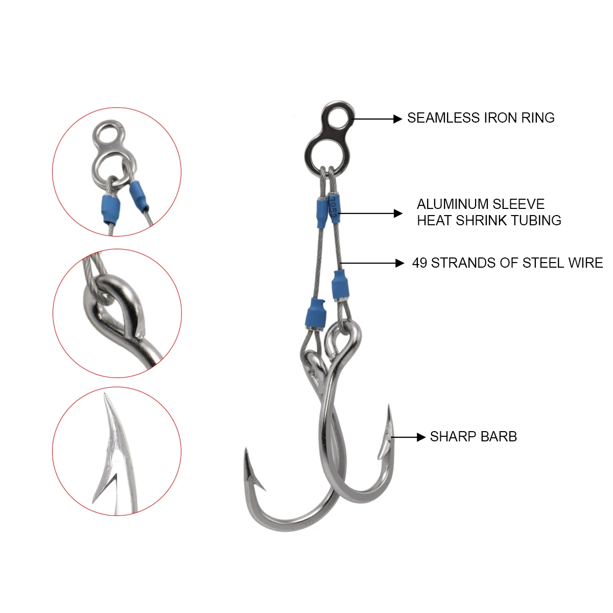 Seacrazy Super High Strength 49 Strands Strong Stainless Steel Wire Stinger Double Assist Hook 4/0~8/0