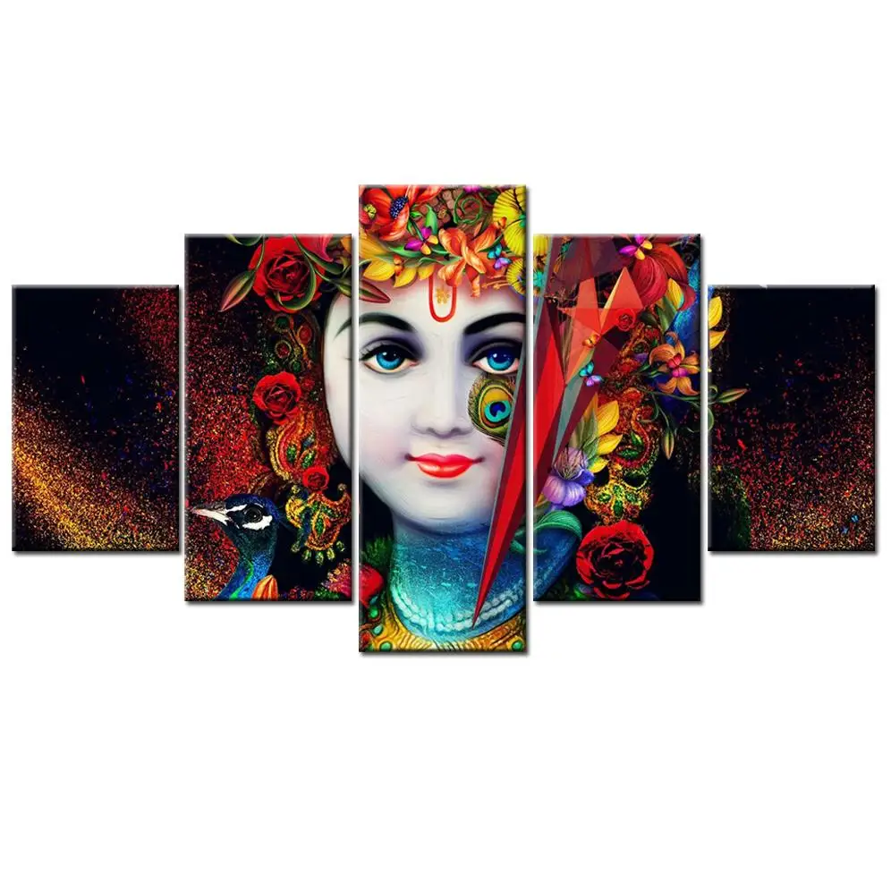 HD Prints Living Room Pictures Frame 5 Pieces India Myth Krishna Vishnu Painting Wall Art Animal Poster Home Decor(No Frame)