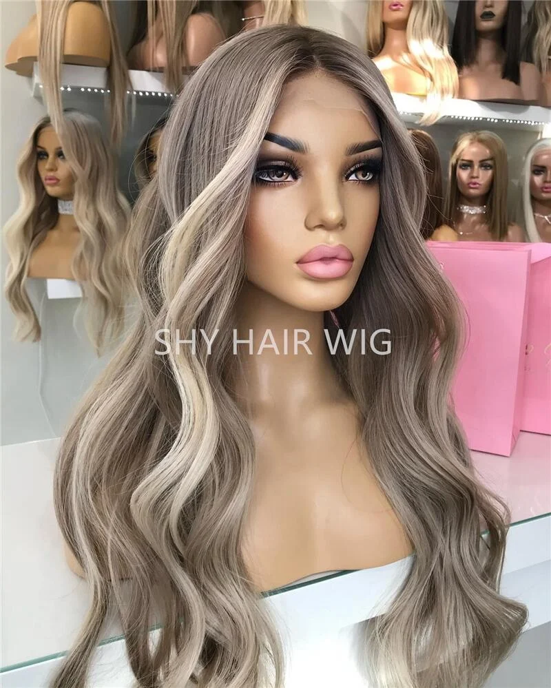 Peluca de pelo humano para mujeres silk base human hair wig hand tied blonde european ash blonde highlights with dark roots wigs