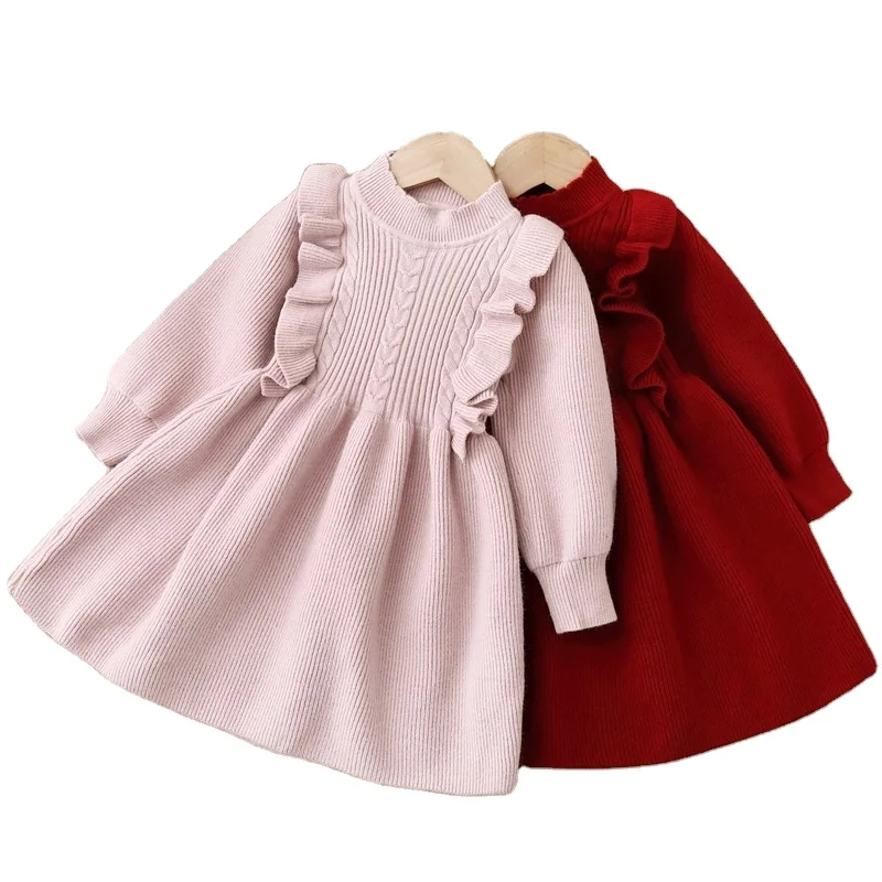 Winter Knitting Wool 5 to 7 Years Toddler Kids Dresses Long Sleeve Crew Neck SUNNY Solid Acrylic Woolen for Girls Full Children
