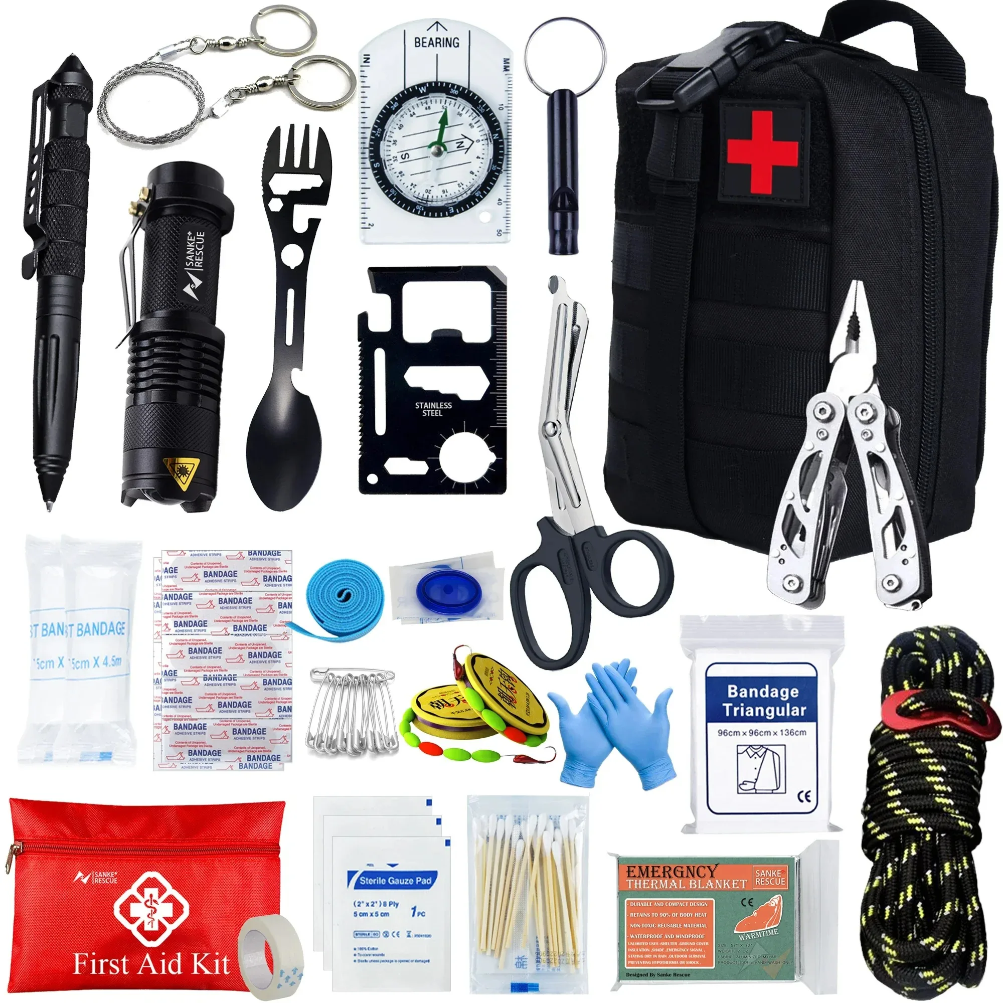 24 in 1 Tactical First Aid Kit Camping Survival Equipment with Medical Bag Self-Defense EDC Pouch Safety & Survival Gear