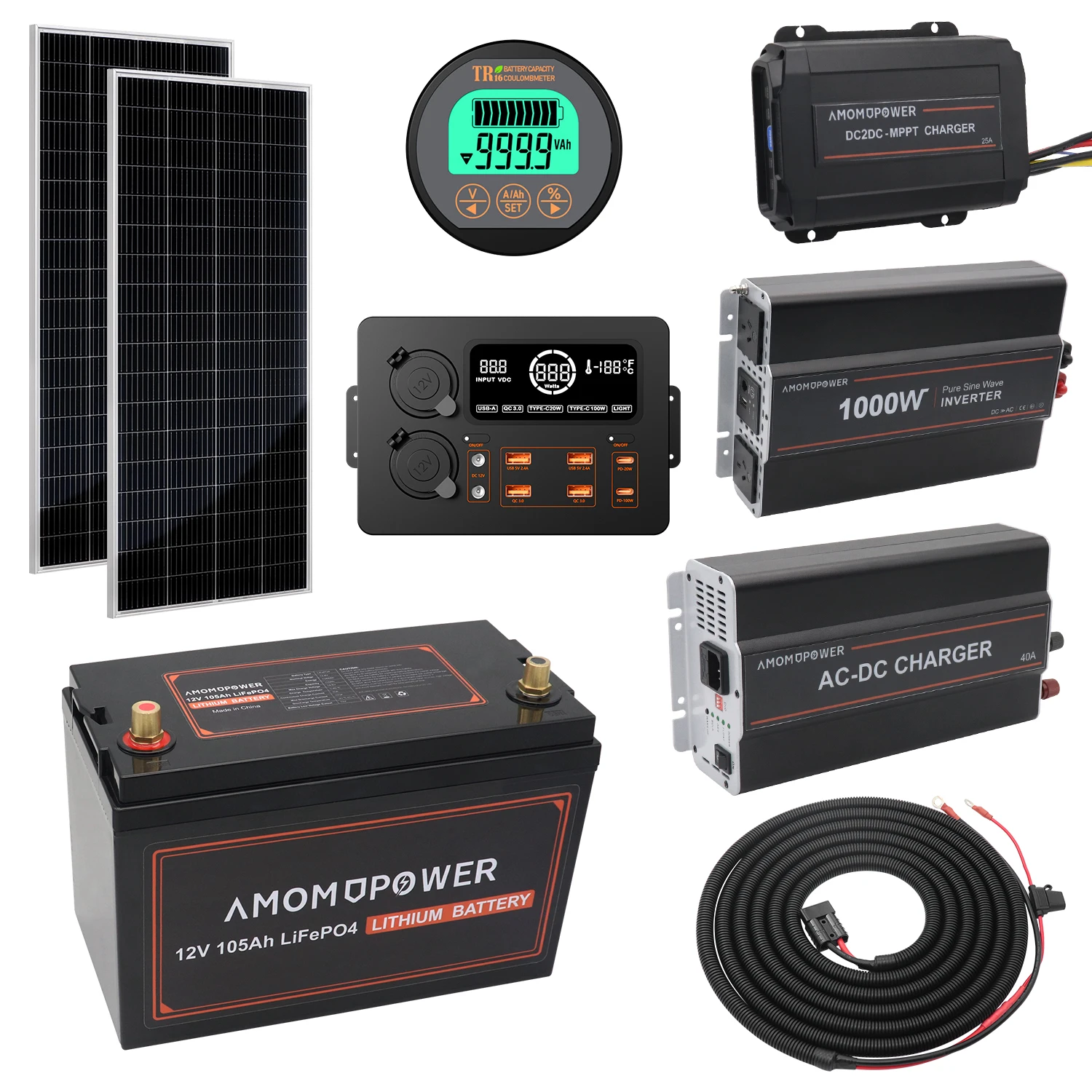12V RV Power Outlet Set with 105Ah Rechargeable Lithium LFP Batteries Solar Panel Pure Sine Wave Inverter Battery Charger