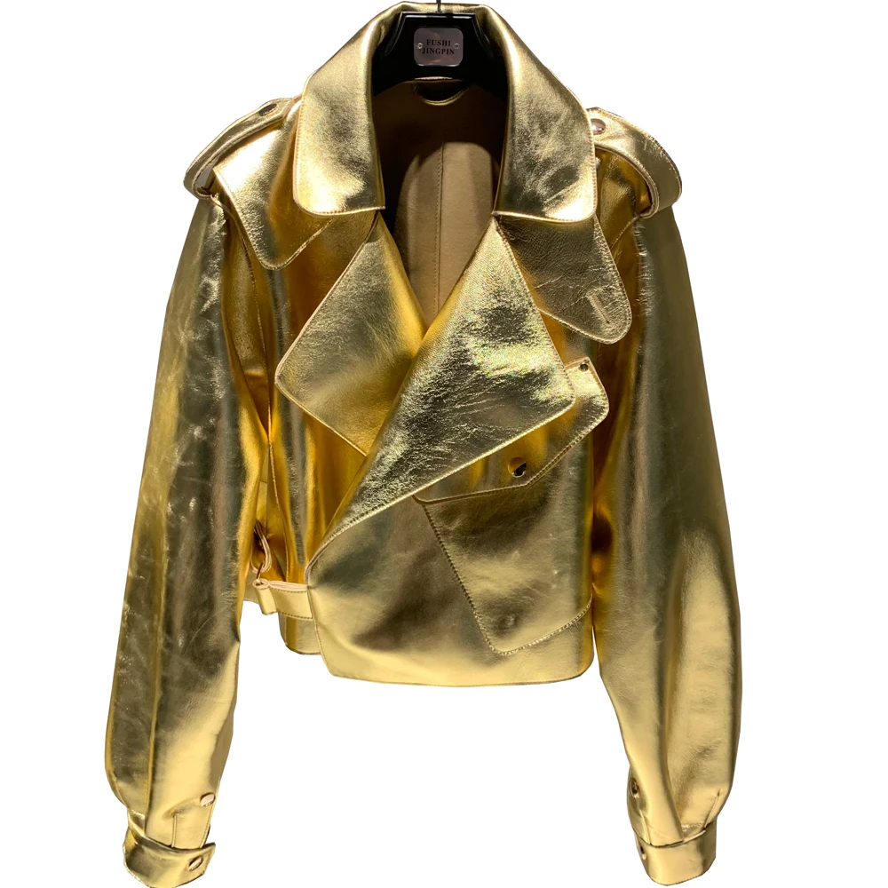 Hot-sale sheep jackets cropped bomber jacket leather Shining Gold Color leather jacket