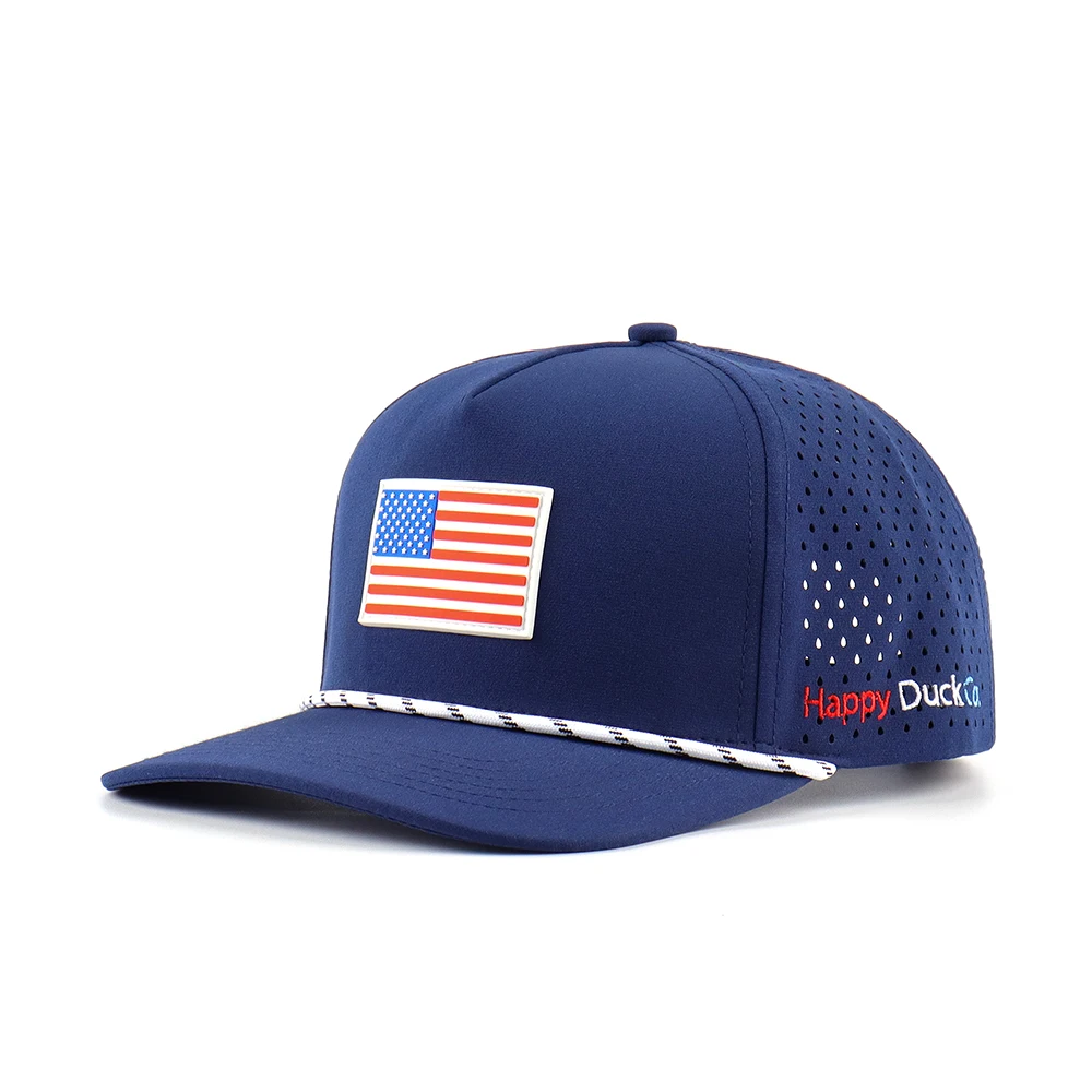 Wholesale 5 Panel Mid Profile Perforated Hat Custom US Flag Rubber Patch Embroidery Logo Rope Design Moisture Wicking Golf Hat