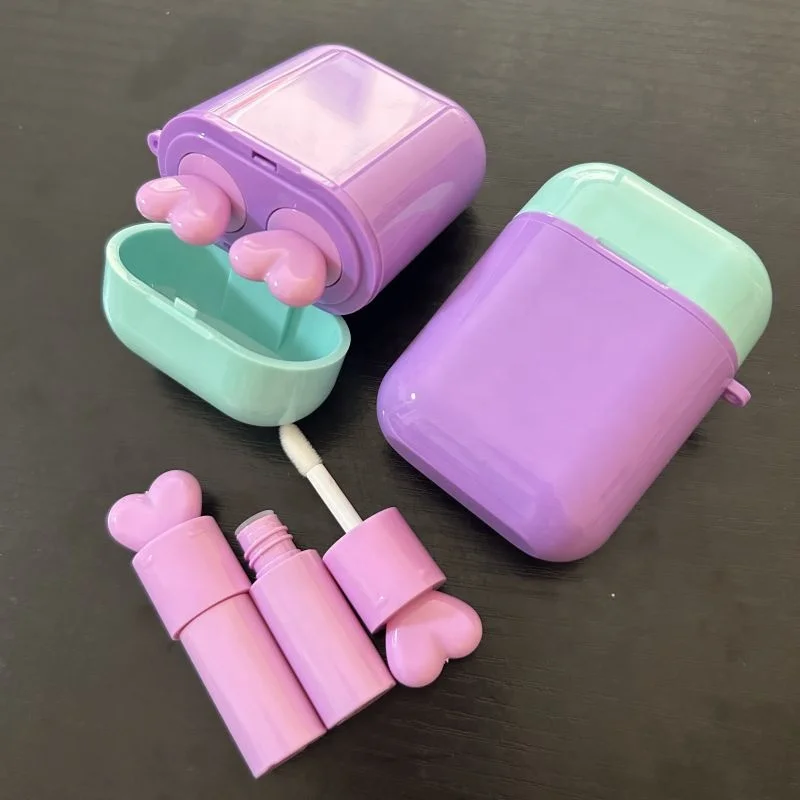 New 2 in 1 purple blue air pods earphone heart shape Lip Gloss Wand Tubes double side Refillable Lipgloss Bottles Tube 5ml+5ml
