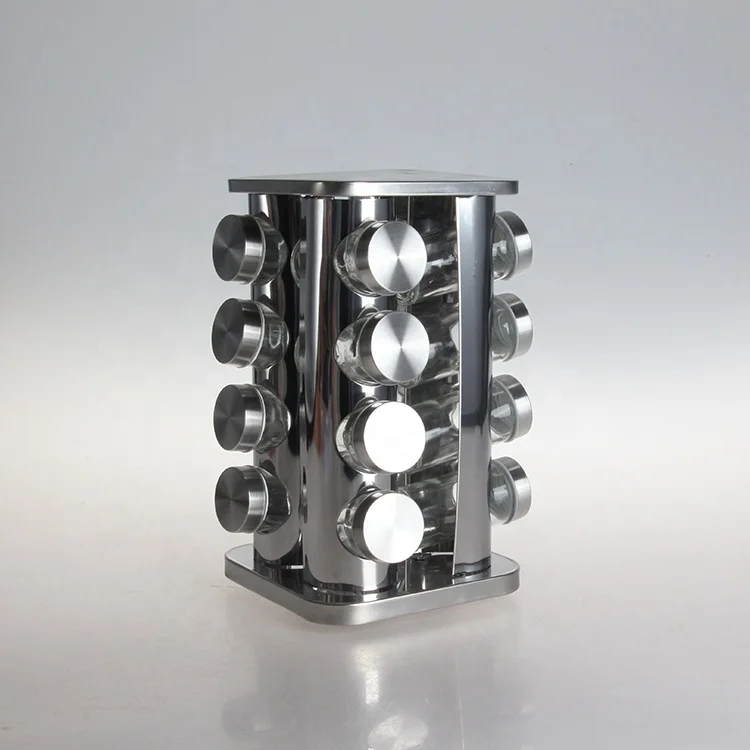 wholesale food grade decorative rotating glass spice jar bottle rack set with plastic stand and screw lid