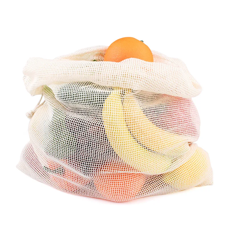Recyclable vegetable and fruits storage bags large mesh drawstring bag shopping produce organic cotton mesh bags