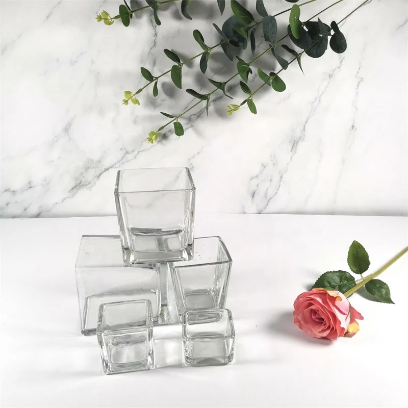 Square shape 4inch  glass candle holder hot sell candle jar for wedding and ceremony wholesale cheap clear candle glass holders