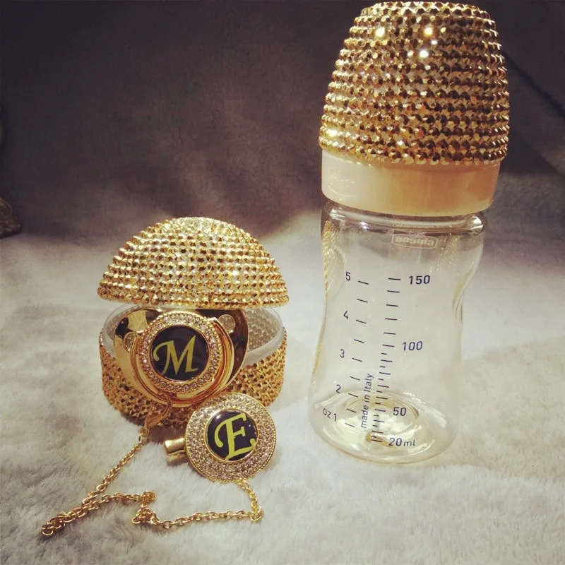 Luxury Custom Bling Diamond Baby Feeding Bottle Gold Baby Pacifier Clip Dummy Chain Pacifier Holder Box Case