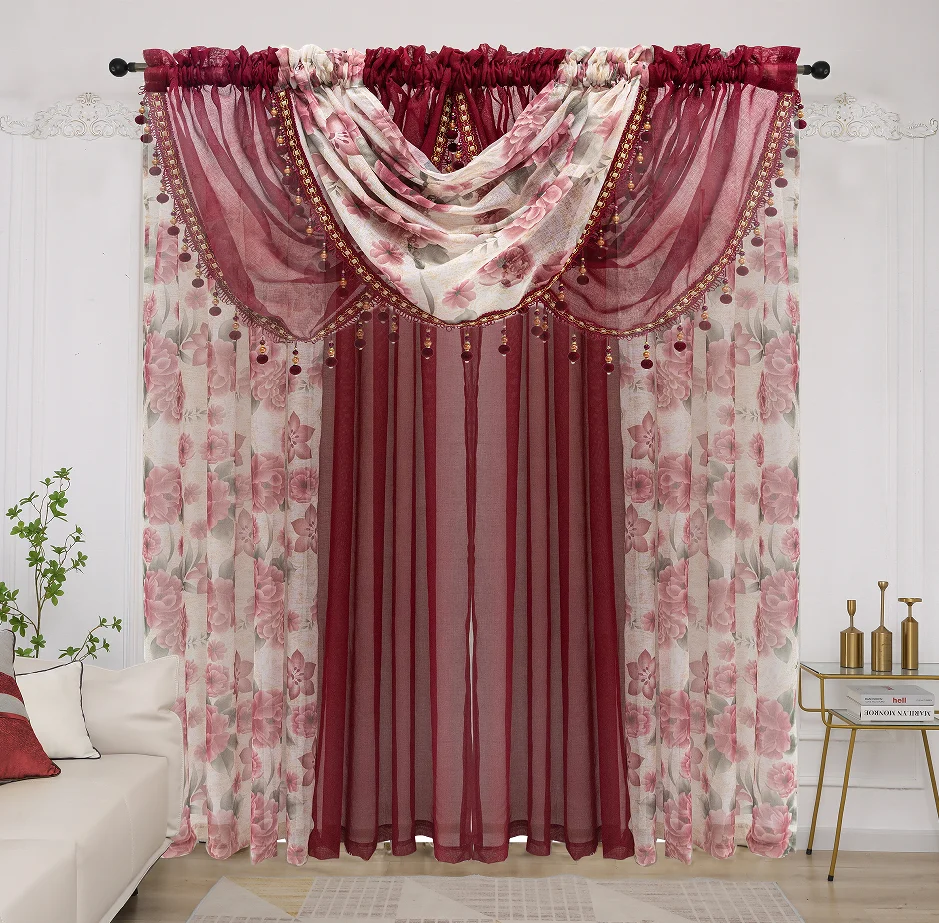Modern design sheer printed window curtains 7 pieces sheer drapes set ready made curtain valance for the living room