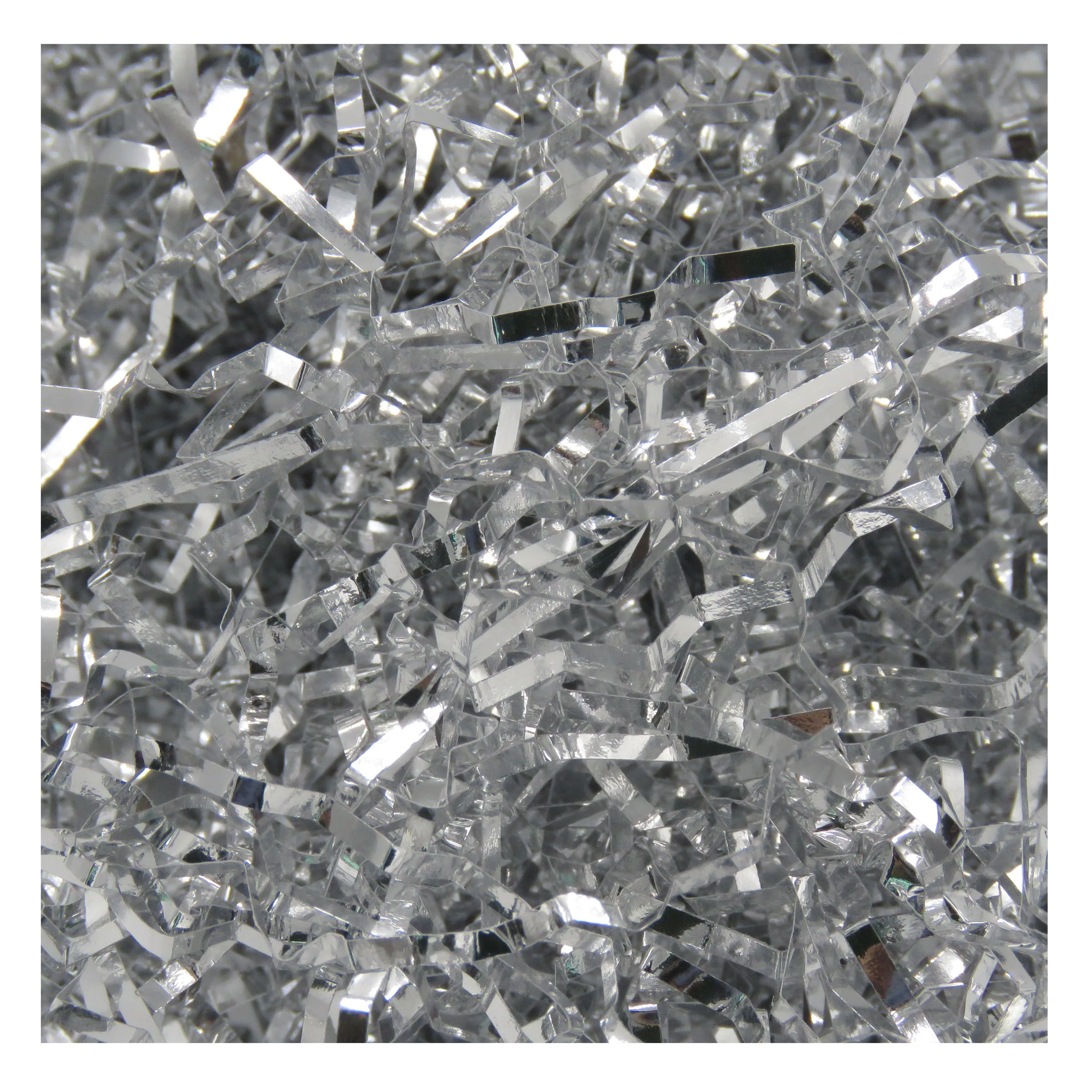 iridescent mirror foil mylar silver color crinkle strip small pieces shredded paper stuffing material metallic shred