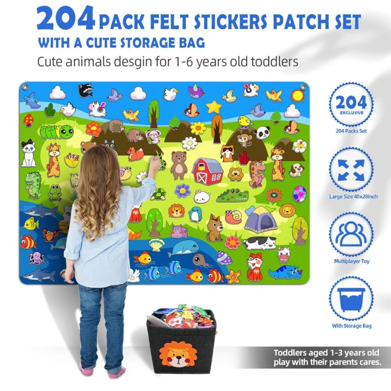 204 Pcs Animals Felt Busy Board Story Set with Storage Bag Preschool Large Wall Storyboard Forest Wall Hanging Learning Toys