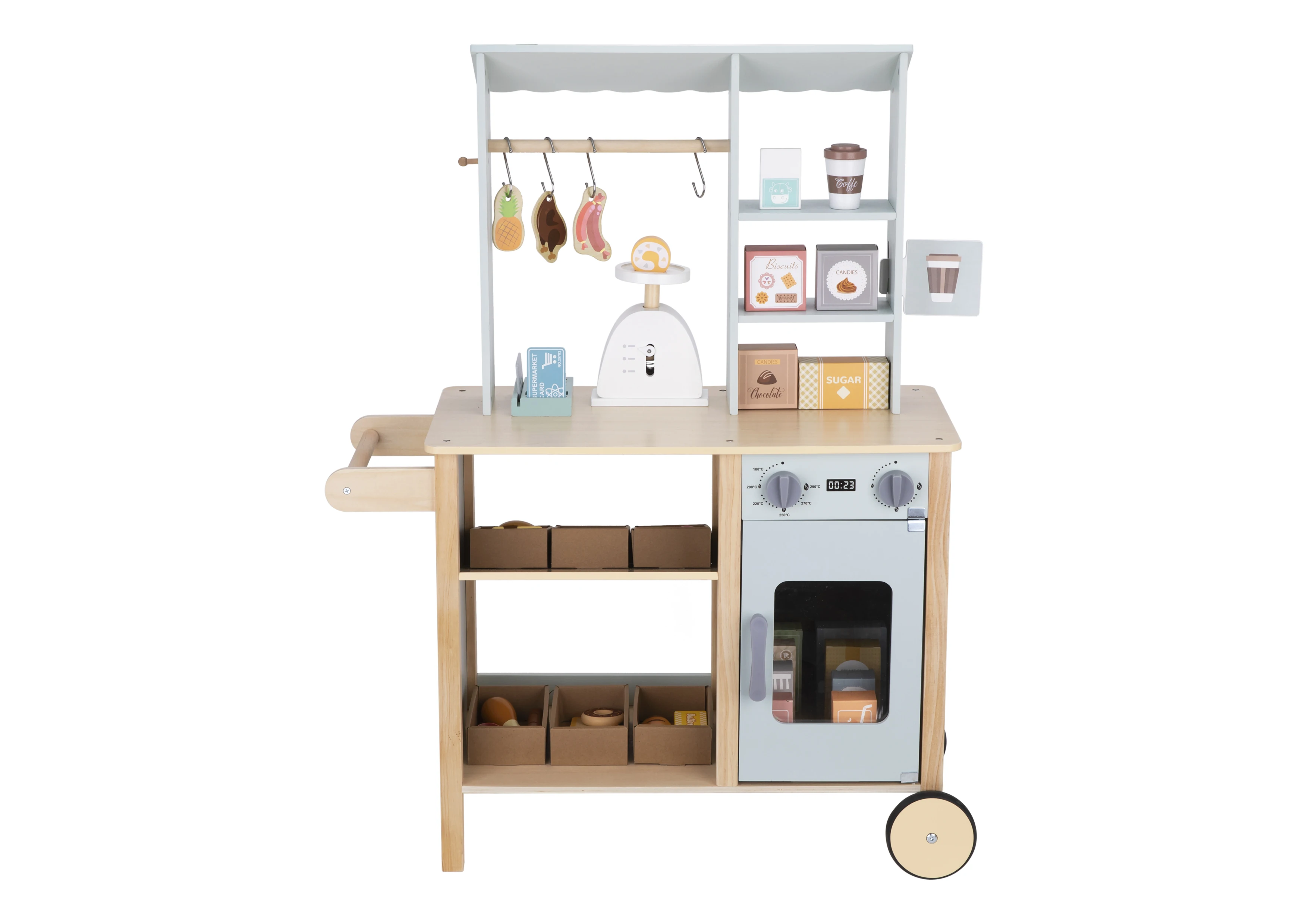 Children play grocery store toy wooden kitchen toy stall cash register sale shelf shop cart trolley set