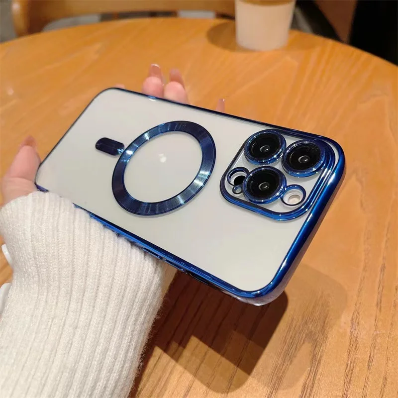 Luxury Gold Plated Magsafing Wireless Charging Case Transparent TPU Magnetic Phone Cover for iPhone 14 13 12 11 Pro Max