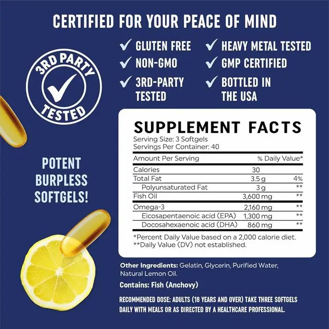 OEM/ODM Omega 3 Fish Oil EPA & DHA Fatty Acids, Ultra-Refined Fish Oil Supplement, High Potency EPA, DHA