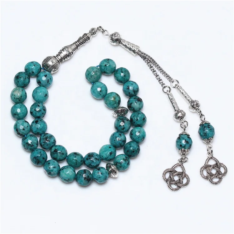 Natural Blue Stone Silver Tassel Allah Tasbeeh Muslim Prayer Beads Sibha Masbaha Rosary