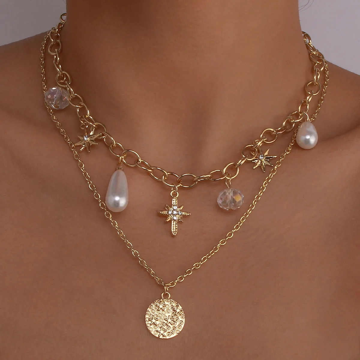 Pearl crystal women double-layer simple clavicle chain eight-pointed star disc temperament necklace