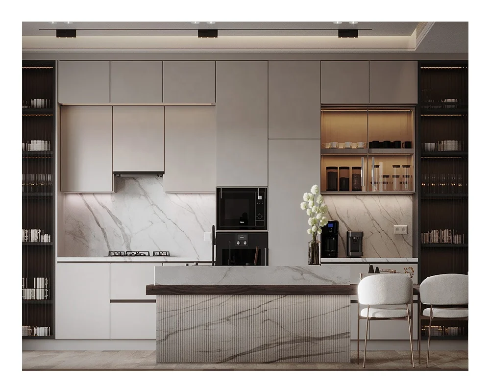 Wholesale Price High End Modern Design Wood Veneer Tinted Glass Pantry Door Luxury Italian Kitchen Cabinet