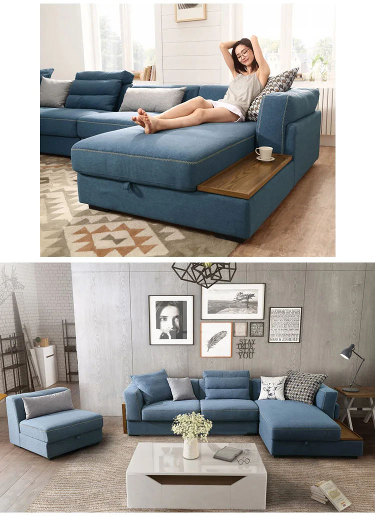 Modern European New L Grey Blue Corne Sectional Sofa Set With Storage Space