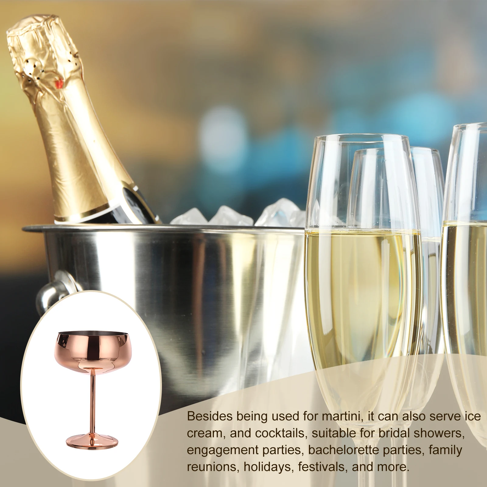 Martini Cocktail Glasses and Gold Stainless Steel Wine Glass or Steel Stemless Martini Glass for Red Win