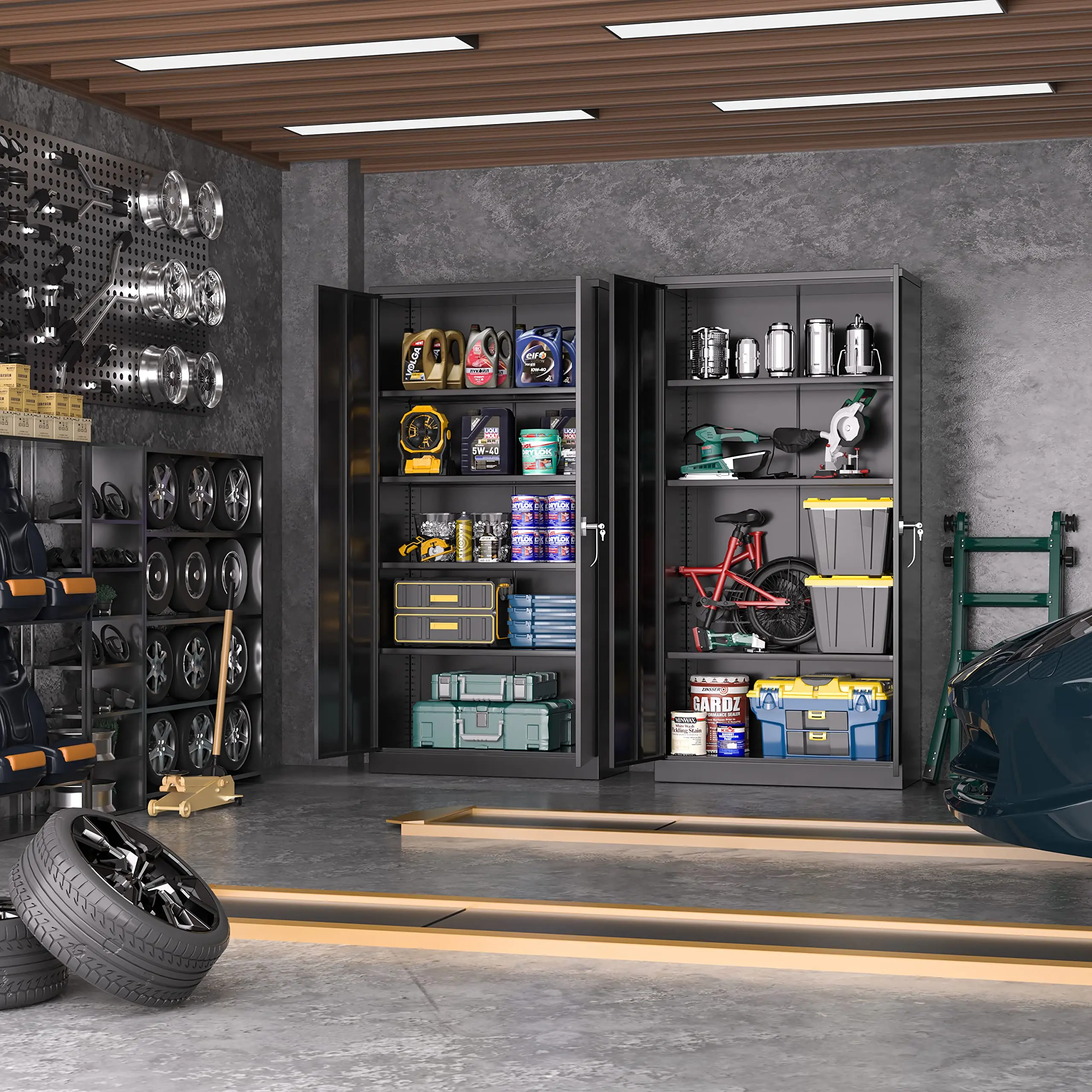 Modern Steel Garage Storage Unit with Multi-Purpose Shelves and Double Door