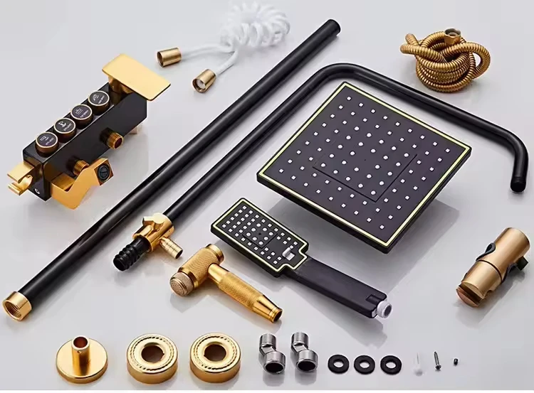 Luxury Shower Column 4 Functions Rain AL Black Gold Hot and Cold Brass Bathroom Shower Set Kit