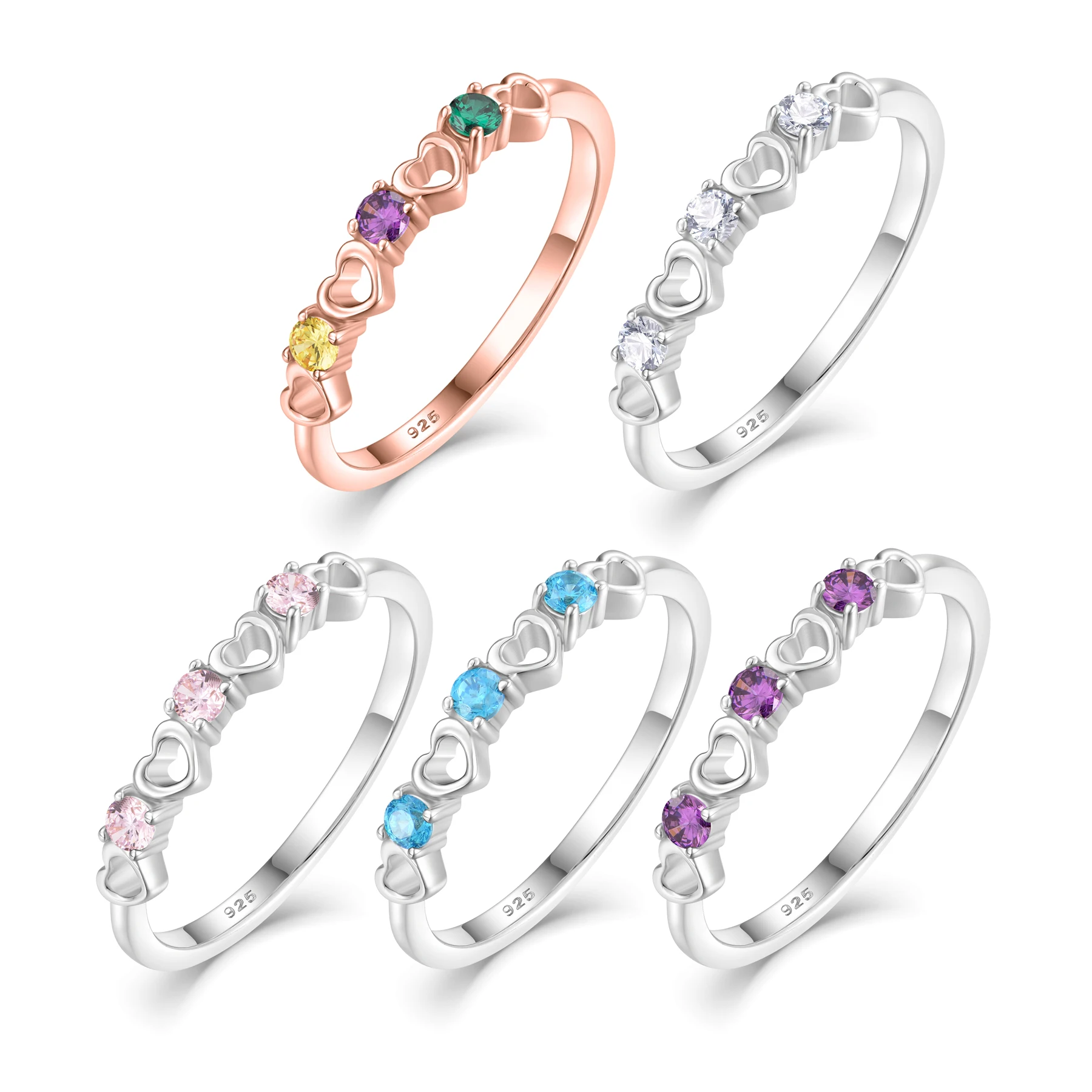 Newest Design Waterproof S925 Silver Hollow Heart Ring Rainbow Gemstone Women Rings Birthday Party Gifts