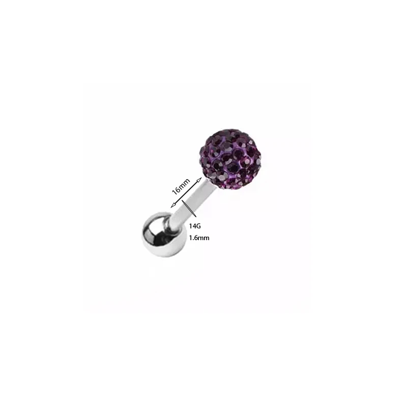 Wholesale 14G Stainless Steel Crystal Round Ball Barbell Tongue Ring Studs, Multi Color Bar Piercing Pin Jewelry  for Women Men
